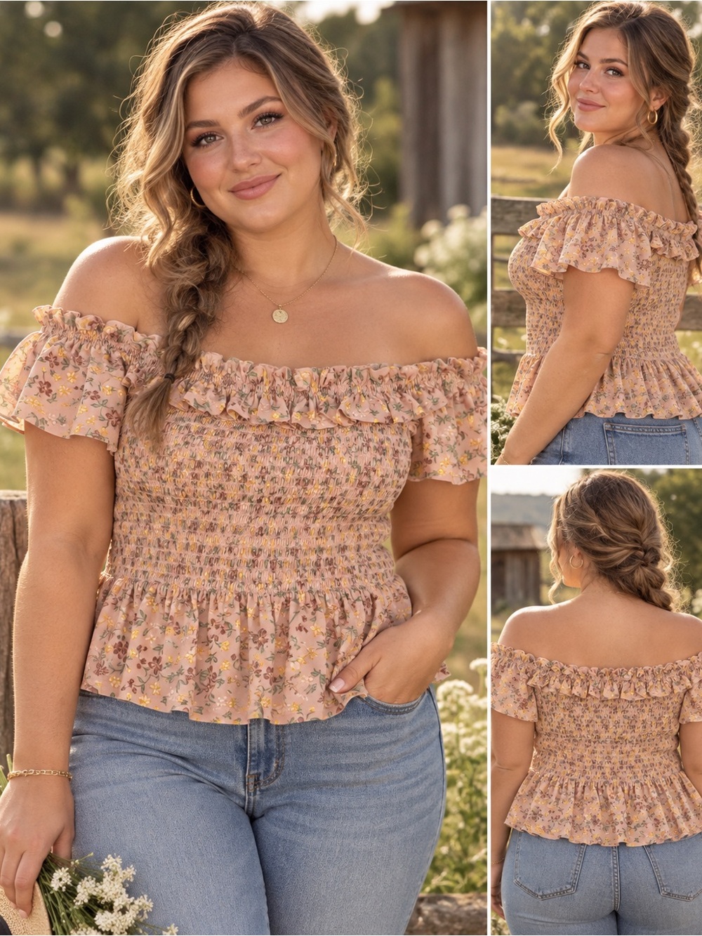 NWT | BCBGeneration | Rose Smoke Floral Smocked Off Shoulder Top - Size XL
